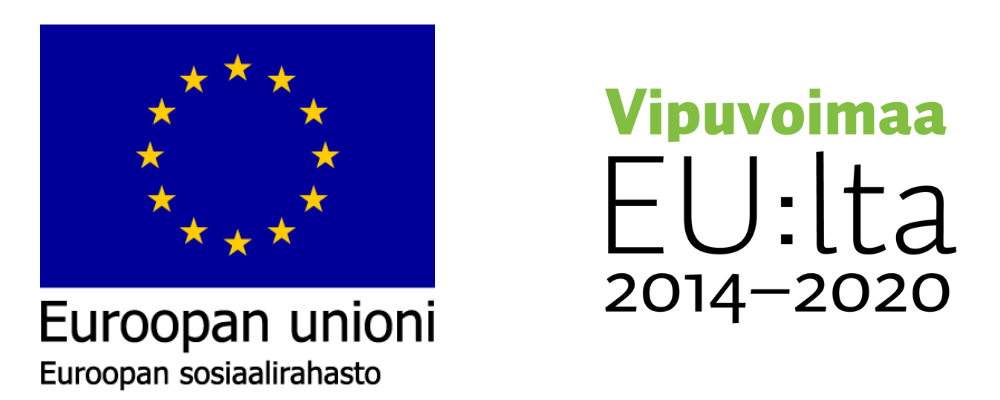 Kuva vasemmalla on Euroopan unioni-tekstin päällä sen lippu. Alhaalla on Euroopan sosiaalirahasto-teksti. Kuva oikeaalla on tekstit: Vipuvoimaa EU:lta 2014-2020.